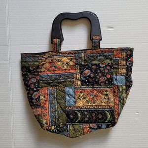 Quilted tote handbag purse paisley floral boho blue yellow wood handles retro